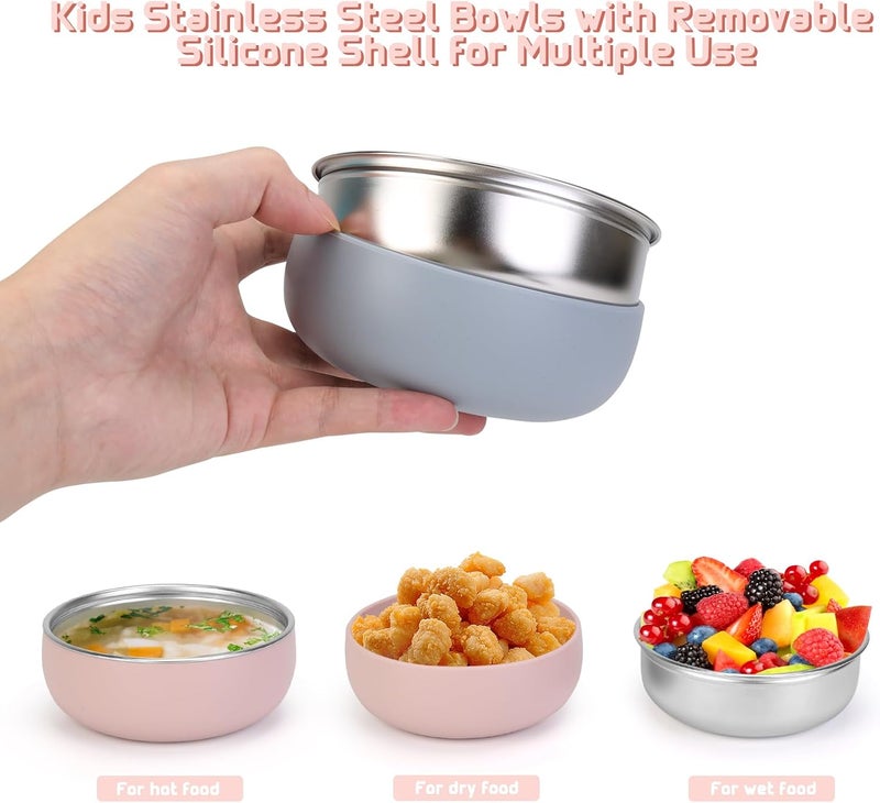 ShineMe Stainless Steel Baby Bowls, 2 pack Toddler Bowls with Removable Colorful Silicone Sleeve, Unbreakable Kids Bowls Non-Slip for Candy, Soup, Cereal, Yogurt, Snacks... - Image 3